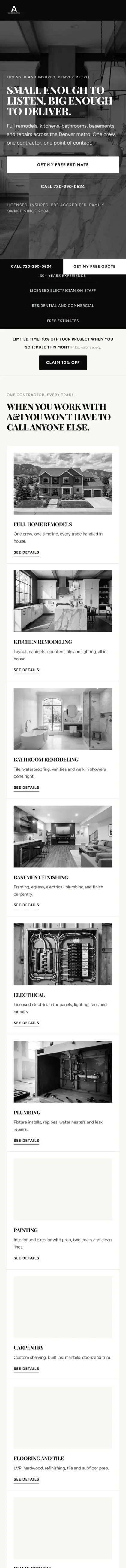Mobile screenshot of the A & I Contracting LLC website built by SitesThatBook