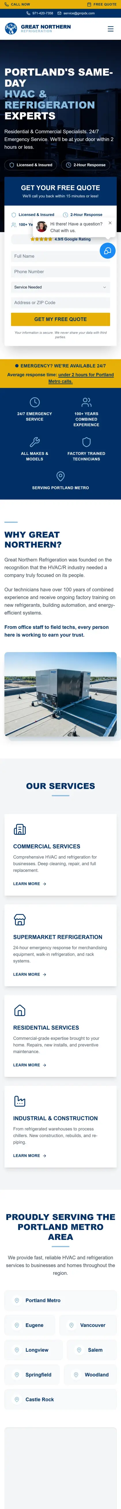 Mobile screenshot of the Great Northern Refrigeration website built by SitesThatBook