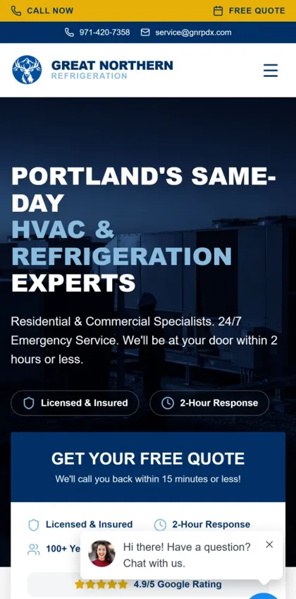 Mobile screenshot of the Great Northern Refrigeration website built by SitesThatBook